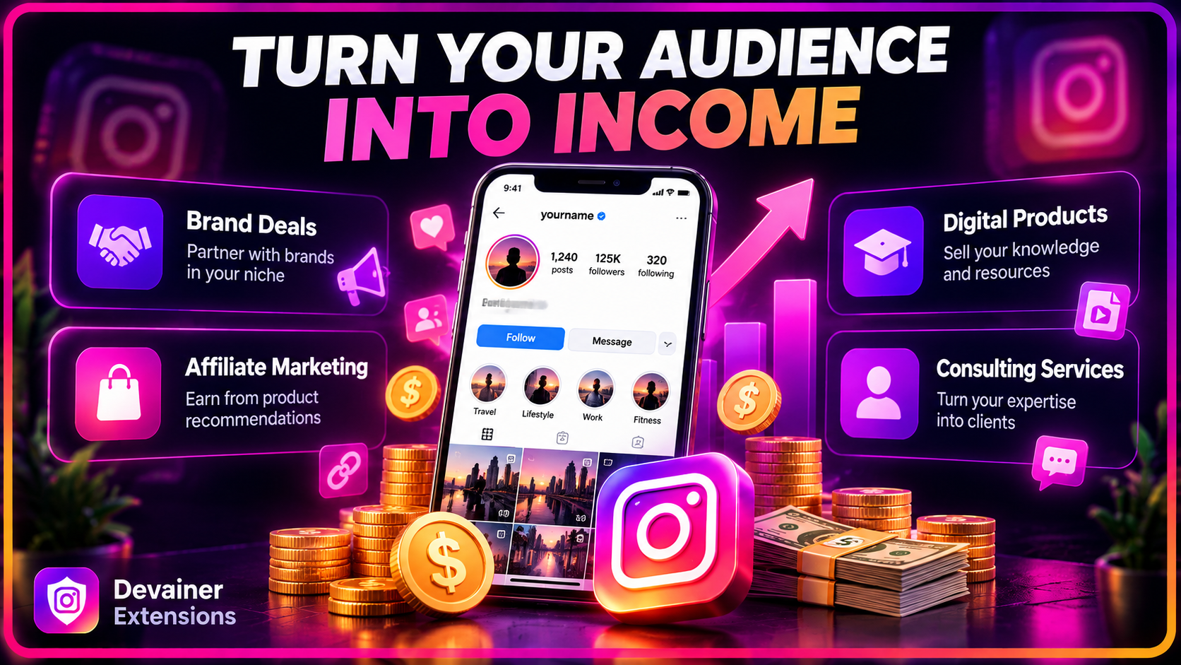 Instagram monetization methods including brand sponsorships, affiliate marketing, digital products, and consulting services