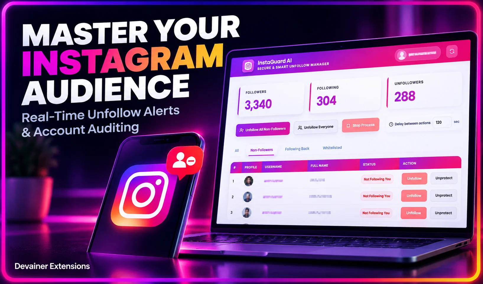 Instagram audience management with InstaGuard AI showing real-time unfollow alerts, follower tracking, and audience auditing dashboard