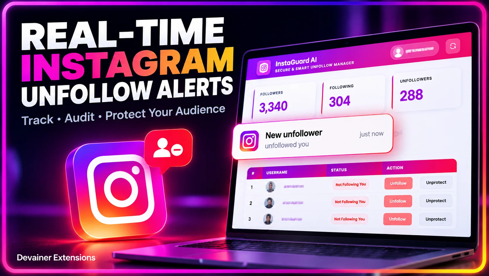 InstaGuard AI real-time Instagram unfollow alerts showing new unfollower notifications, follower statistics, and audience monitoring dashboard