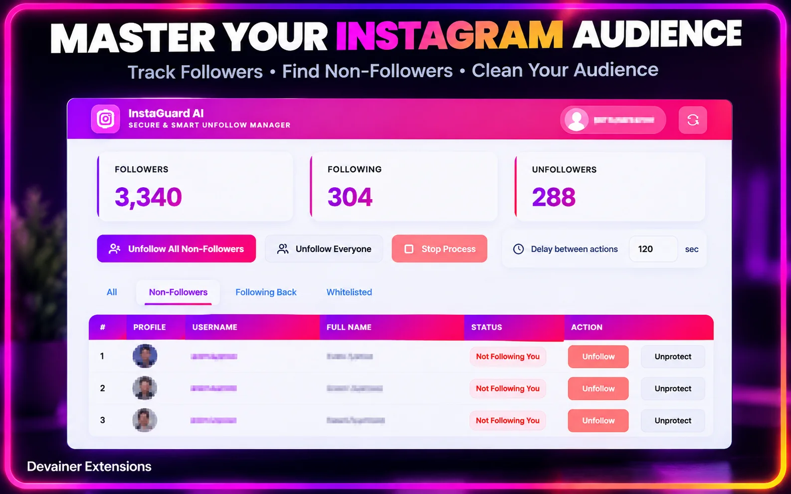 Instagram audience auditing with InstaGuard AI showing follower statistics, non-followers, and whitelist protection for important accounts