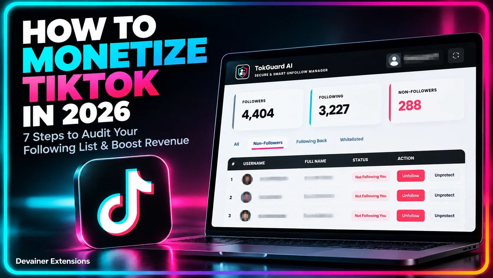TokGuard AI dashboard showing TikTok followers, following accounts, and non-followers for audience auditing and account management