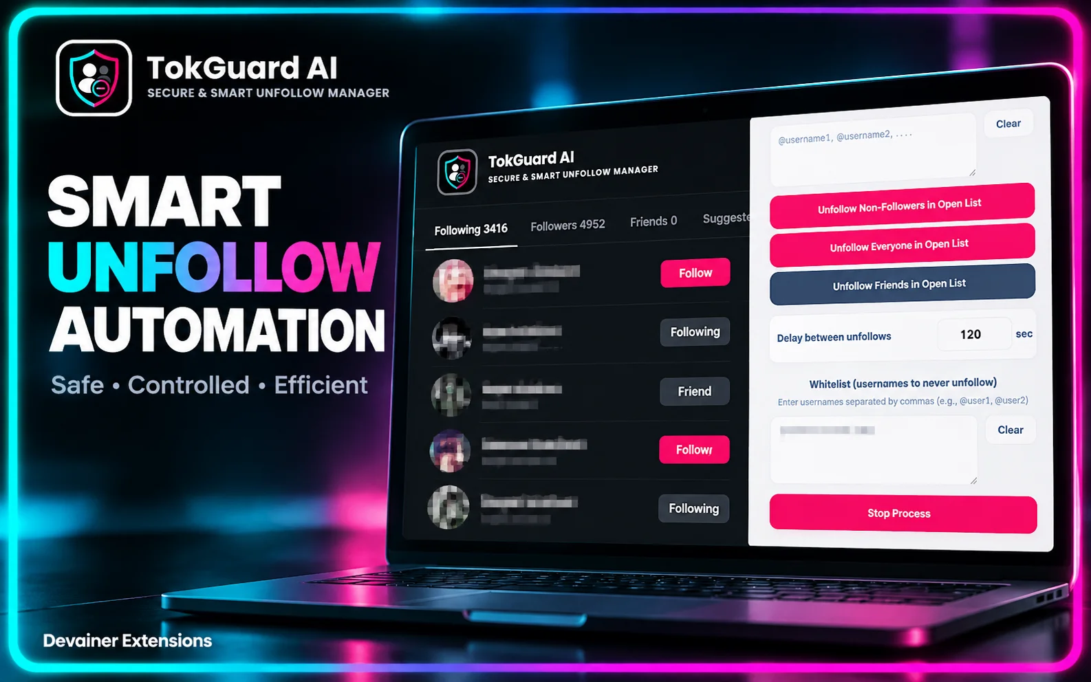 TokGuard AI smart TikTok unfollow automation showing non-follower removal, customizable action delays, and whitelist protection.