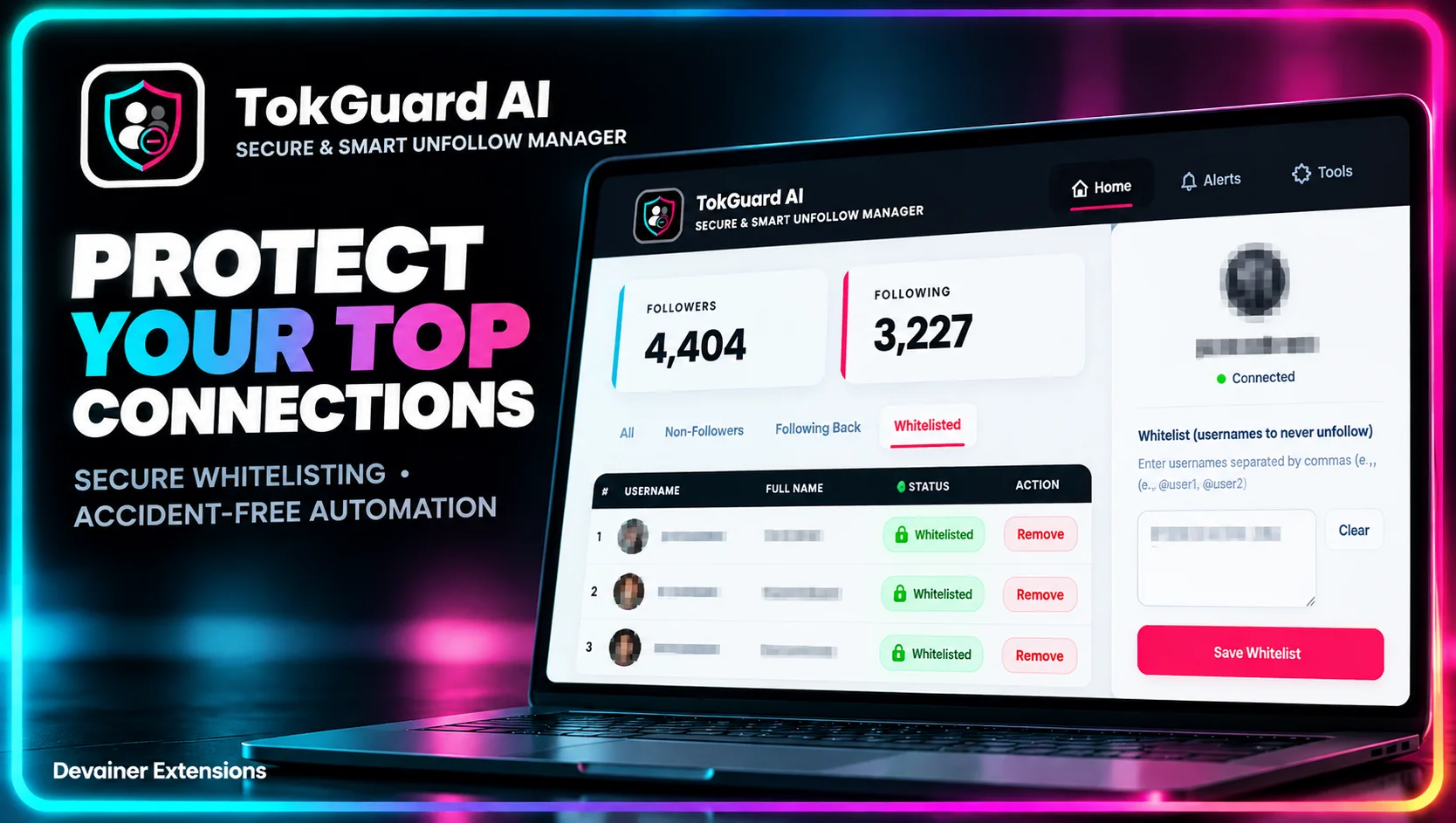 TokGuard AI whitelist protection feature showing how to safeguard important TikTok connections during automated unfollow sessions.