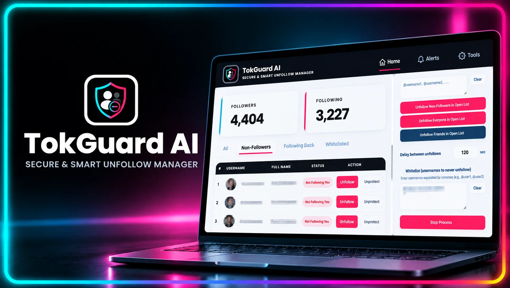 TokGuard AI browser extension dashboard for managing TikTok non-followers with smart unfollow controls and whitelist protection