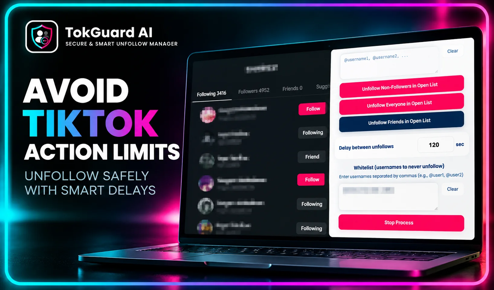 TokGuard AI smart unfollow settings showing TikTok action delays, whitelist protection, and automated audience management
