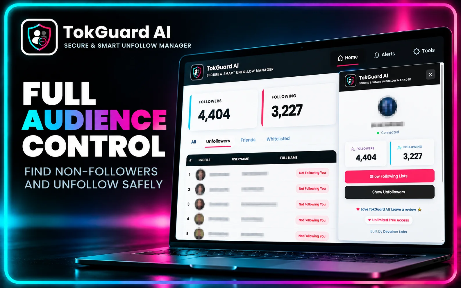 TokGuard AI audience management dashboard showing TikTok followers, following counts, non-followers, and account overview