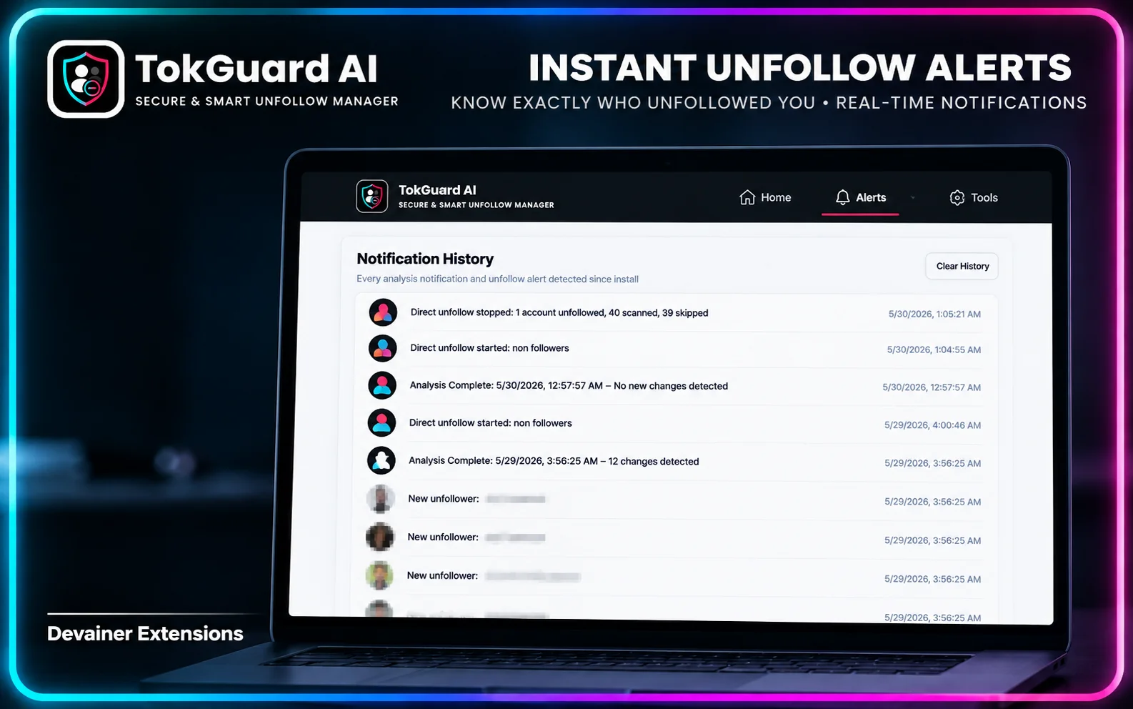 TokGuard AI notification history dashboard showing TikTok unfollower alerts, audience changes, and account activity tracking.