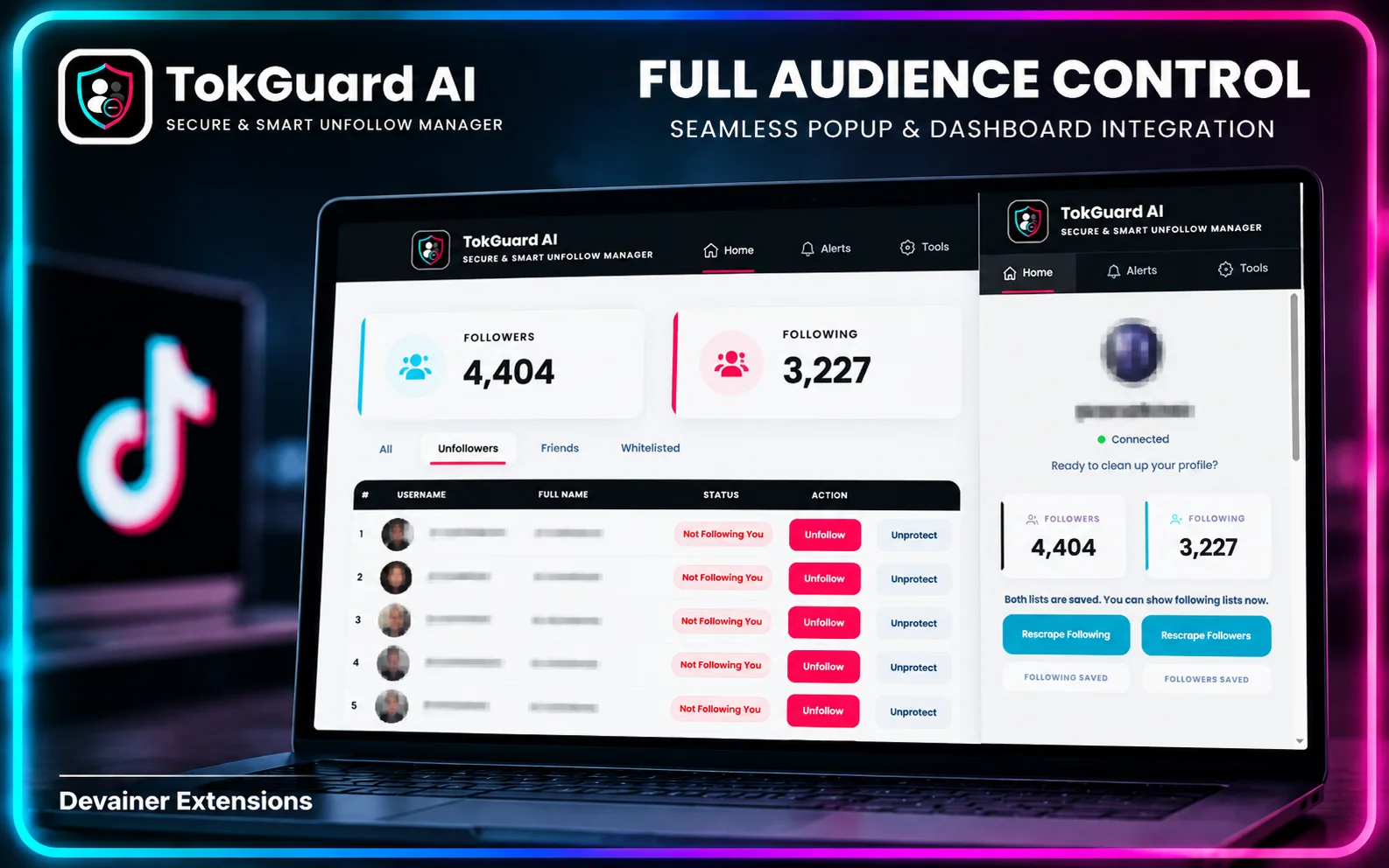 TokGuard AI dashboard and browser extension popup showing TikTok follower statistics, non-followers detection, and audience management controls.