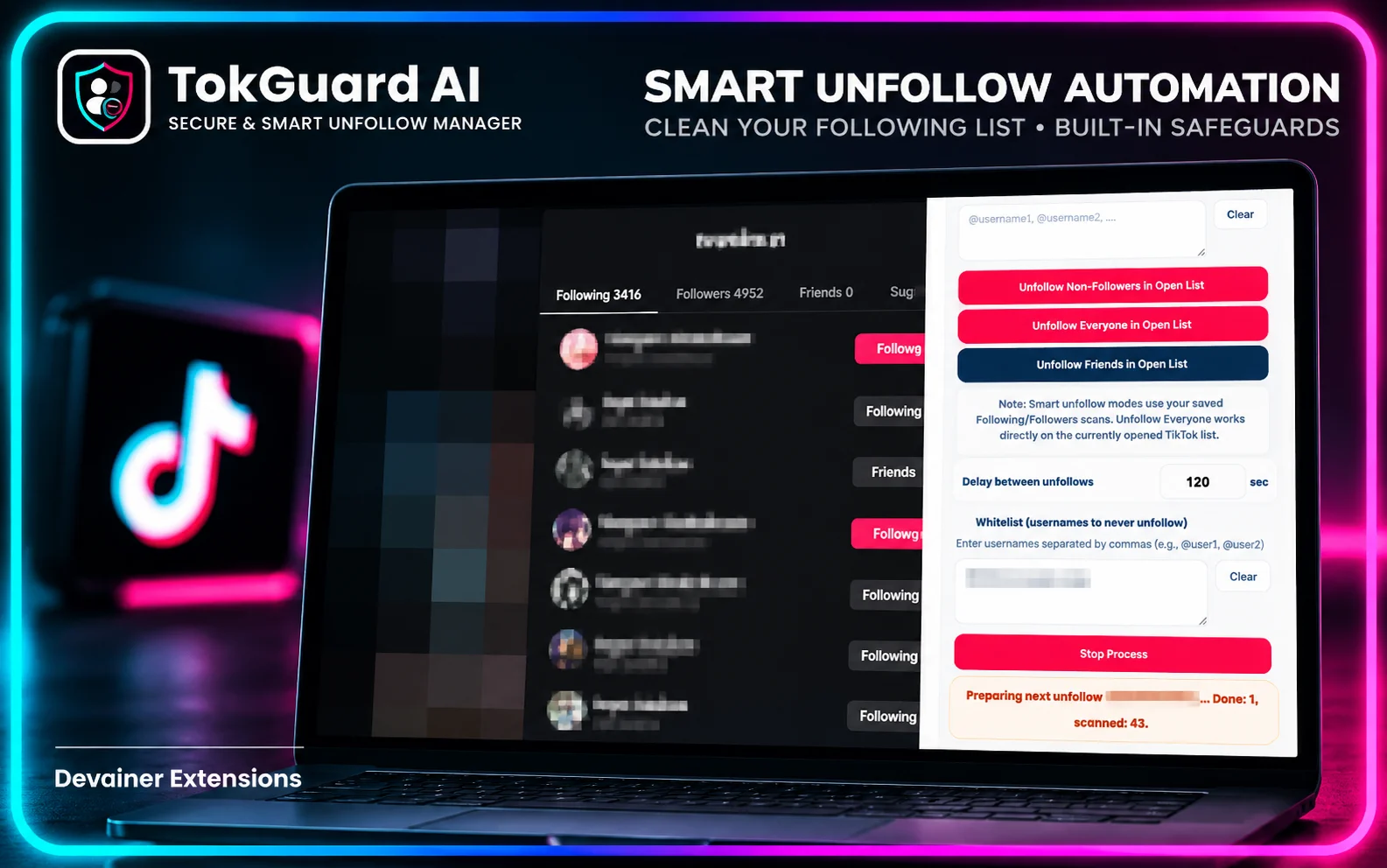 TokGuard AI whitelist protection feature for safeguarding important TikTok connections, sponsors, and collaborators during automated unfollow management.