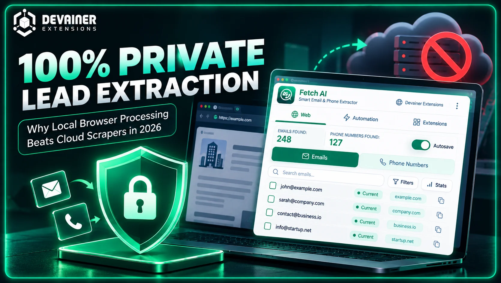Fetch AI private lead extraction tool with secure local browser processing, email and phone number extraction, and cloud-free data protection