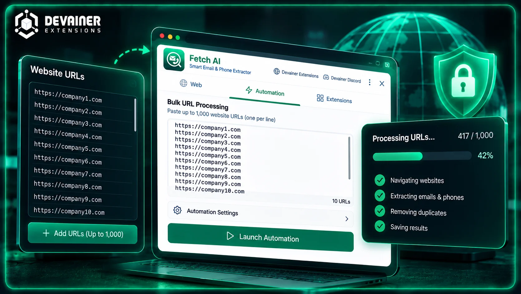 Fetch AI secure batch URL processing automation for extracting business emails and phone numbers locally from up to 1,000 websites