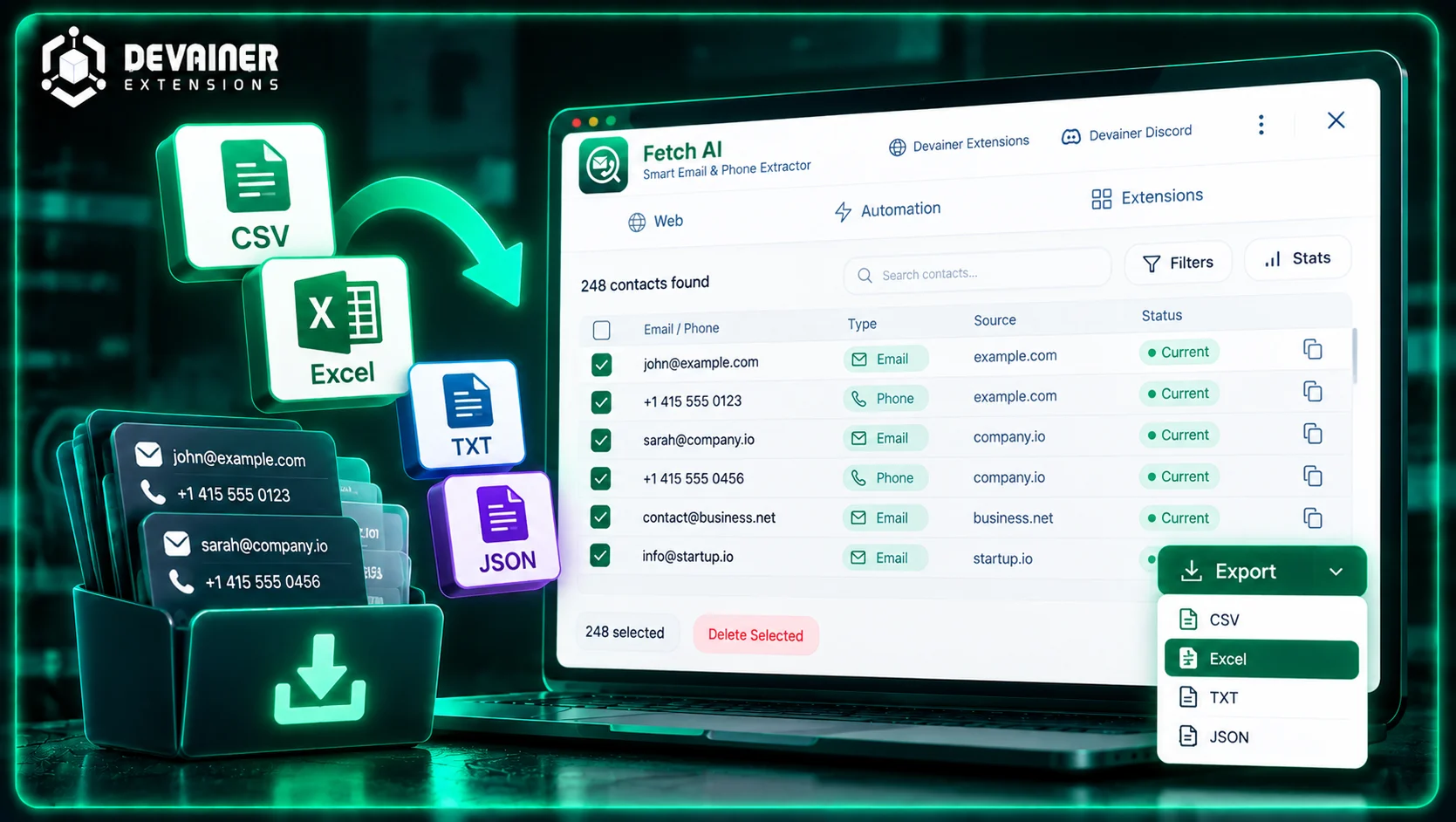 Fetch AI securely exporting locally extracted business emails and phone numbers to Excel, CSV, TXT, and JSON files