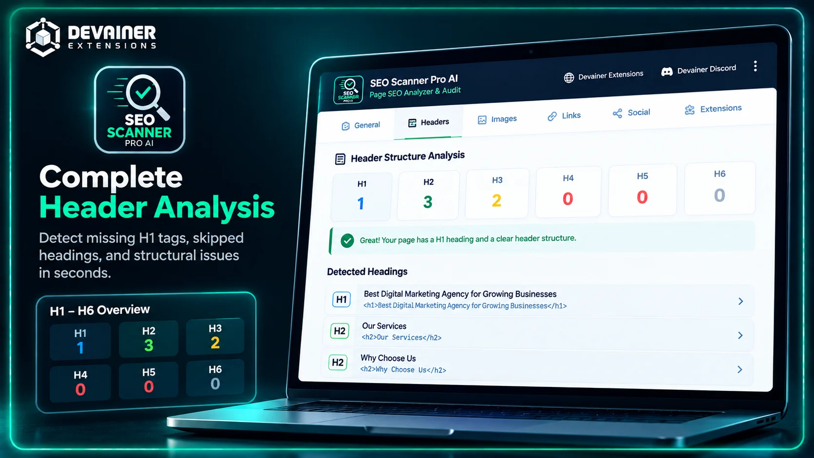SEO Scanner Pro AI browser extension displaying H1–H6 heading structure analysis and detected headings for an on-page SEO audit.