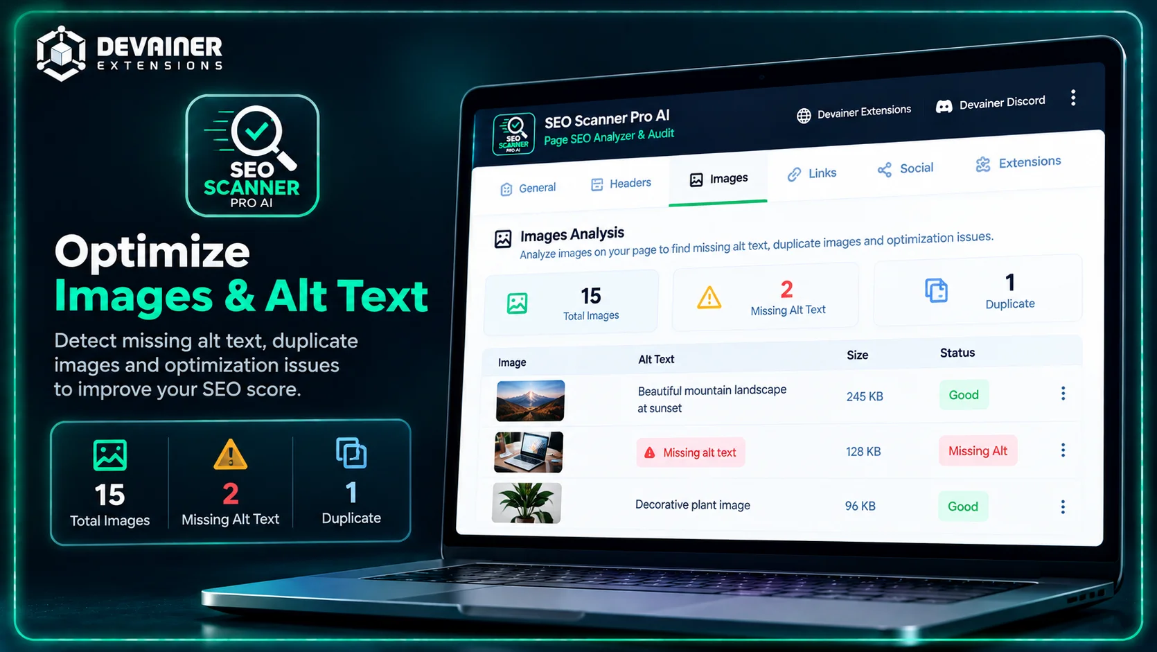 SEO Scanner Pro AI Images Analysis dashboard showing missing image alt text, duplicate images, and on-page SEO optimization issues.