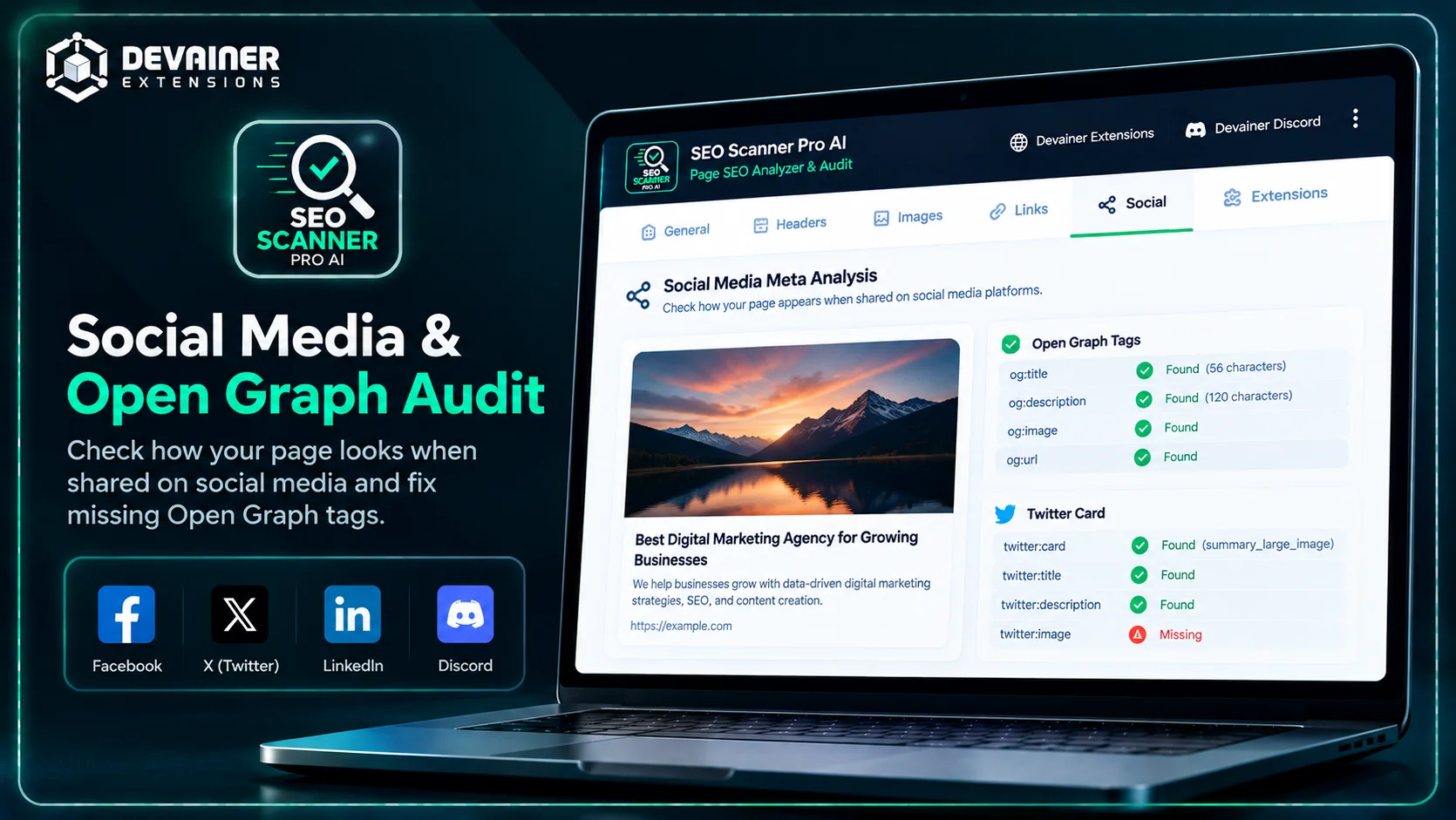 SEO Scanner Pro AI Social Media Analysis dashboard showing Open Graph tags, Twitter Card validation, and a website social sharing preview.