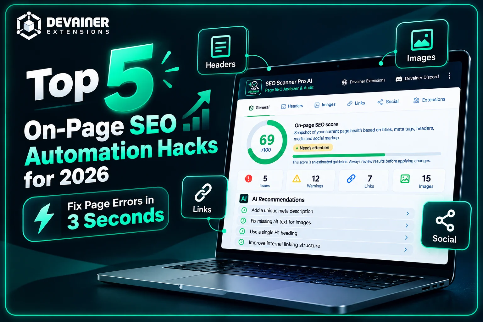 Top 5 on-page SEO automation hacks for 2026 featuring SEO Scanner Pro AI, automated website audits, SEO health scoring, and AI-powered optimization recommendations.