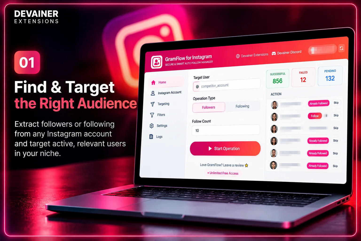 GramFlow for Instagram audience targeting interface showing competitor username selection and Followers or Following options for targeted Instagram growth.