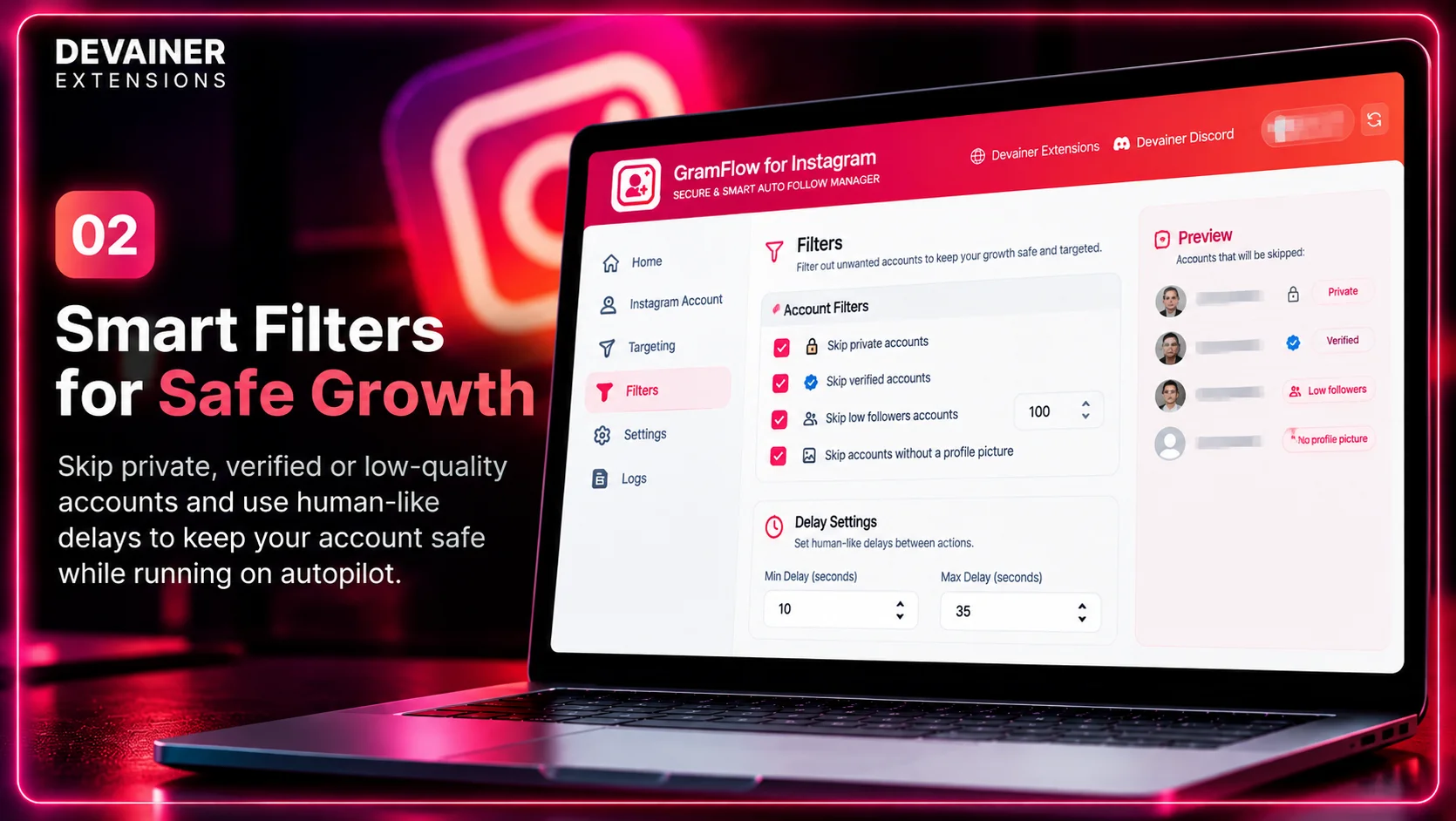 GramFlow for Instagram Follow Settings showing customizable follow intervals, wait times, and account filtering options for automated Instagram audience growth.