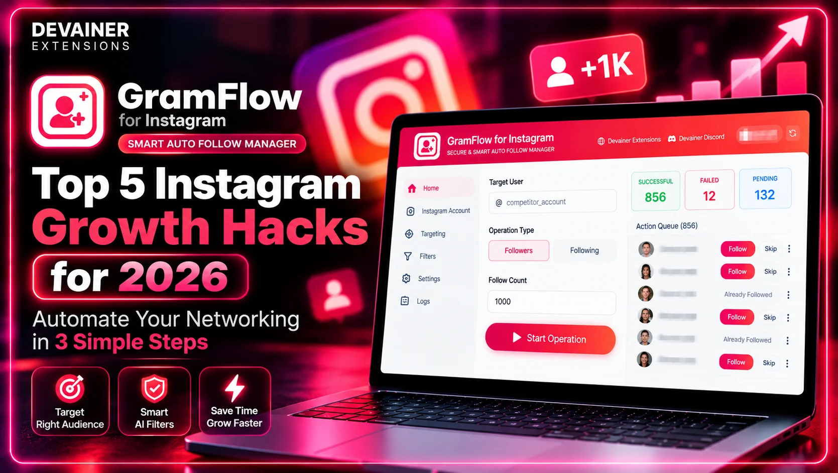 Top 5 Instagram Growth Hacks for 2026 featuring GramFlow for Instagram, automated audience targeting, smart AI filters, and a 3-step Instagram networking strategy.