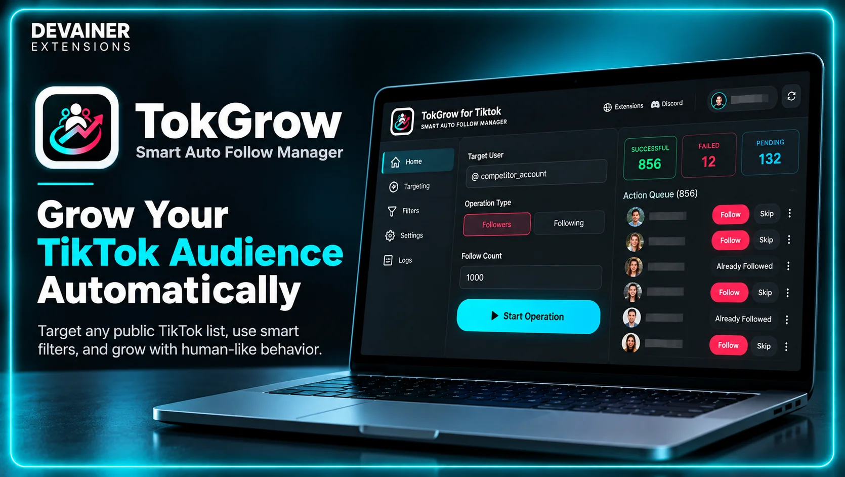 TokGrow for TikTok Smart Auto Follow Manager showing automated audience targeting and follow management for TikTok growth in 2026.