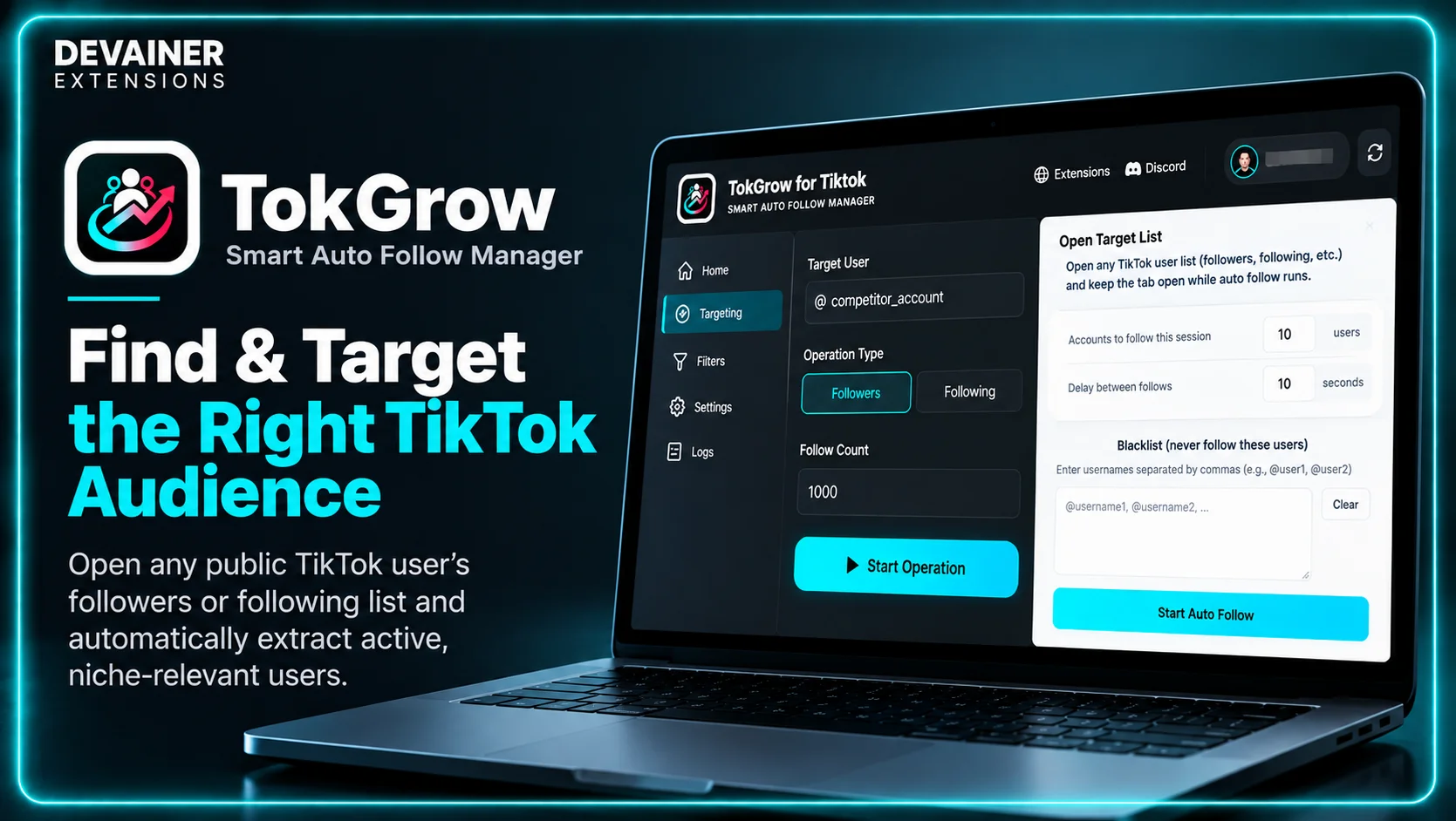 TokGrow for TikTok auto follow settings showing custom follow limits, delay intervals, and blacklist controls for targeted TikTok audience growth.
