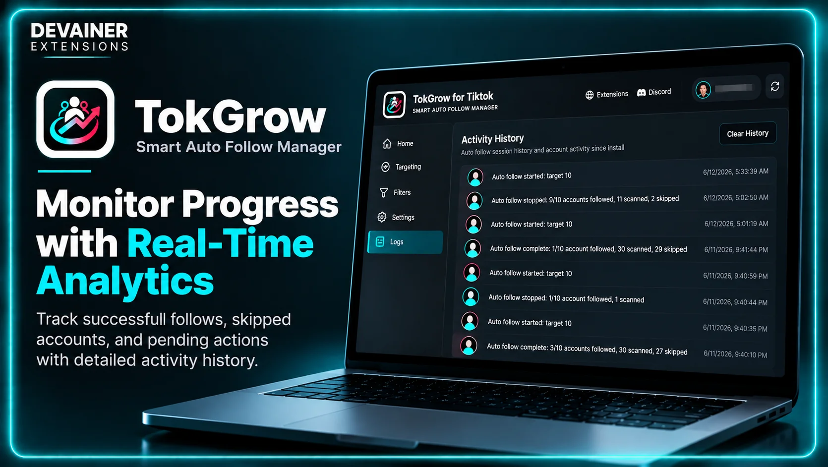 TokGrow for TikTok activity history dashboard showing automated follow session logs, successful follows, skipped accounts, and real-time progress tracking.