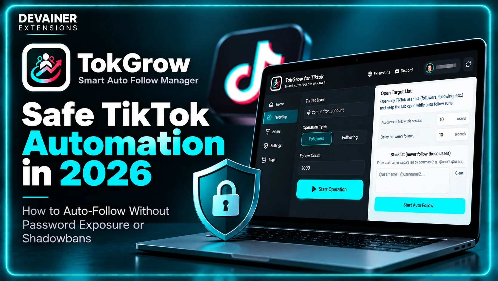 TokGrow for TikTok – Safe TikTok Automation in 2026, featuring a browser-based auto-follow manager, customizable action delays, blacklist controls, and password-free session management.