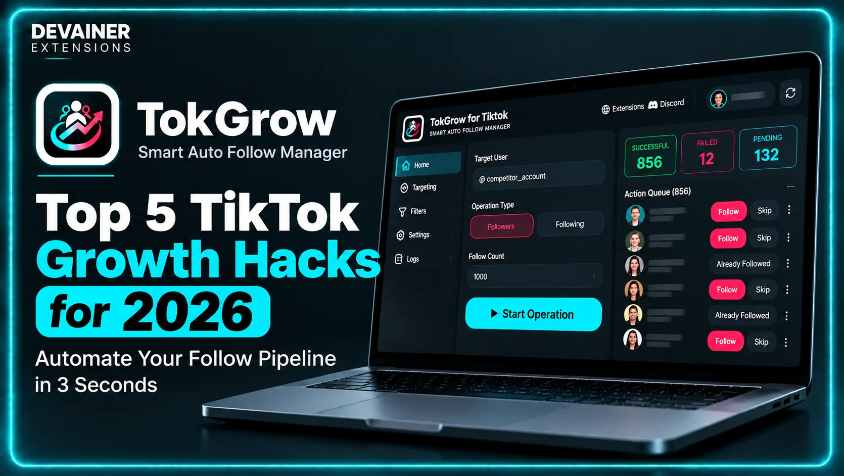 Top 5 TikTok Growth Hacks for 2026 featuring TokGrow for TikTok, an automated follow manager with audience targeting, follow queues, and real-time activity tracking.