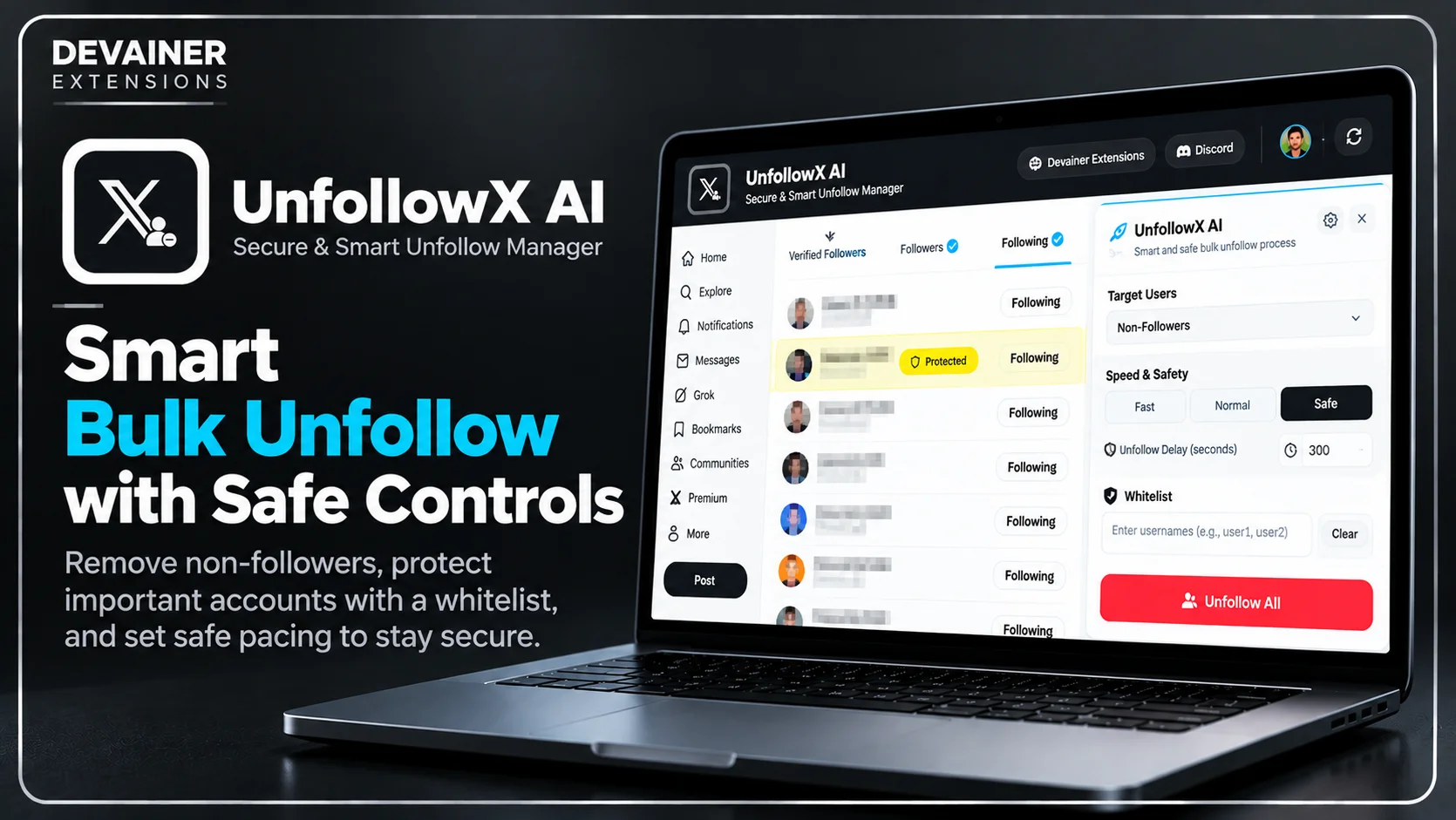 UnfollowX AI bulk unfollow dashboard showing non-followers filtering, whitelist protection, safe unfollow speed settings, and account management controls.