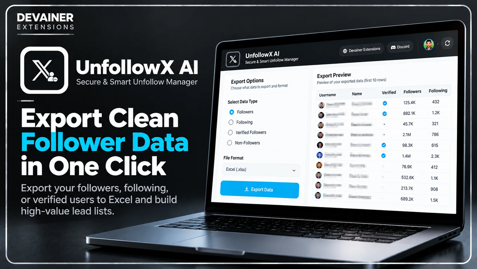 UnfollowX AI follower data export interface showing verified account filtering and Excel export options for X Twitter lead generation.