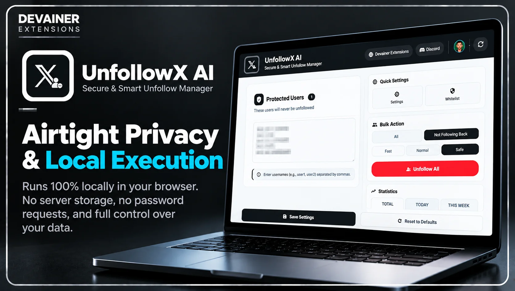 UnfollowX AI privacy and security settings showing local browser execution, protected users whitelist, and safe unfollow controls for X Twitter.