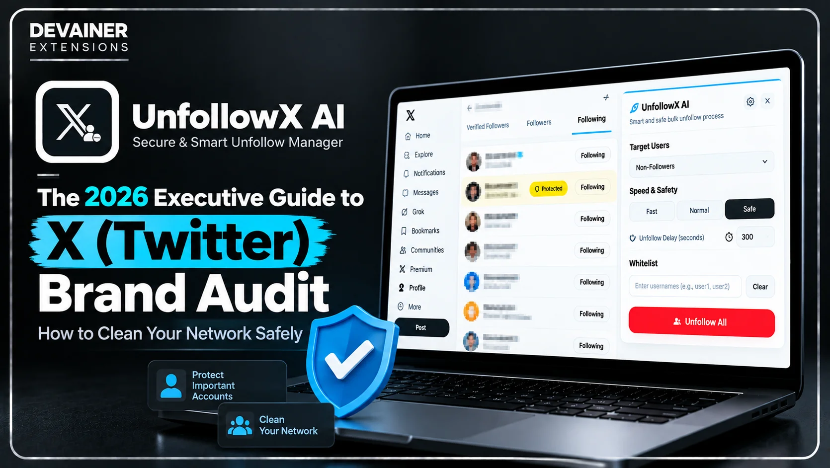 X (Twitter) Brand Audit 2026 guide featuring UnfollowX AI, with a laptop showing safe unfollow controls, protected accounts, whitelist settings, and network cleanup tools.