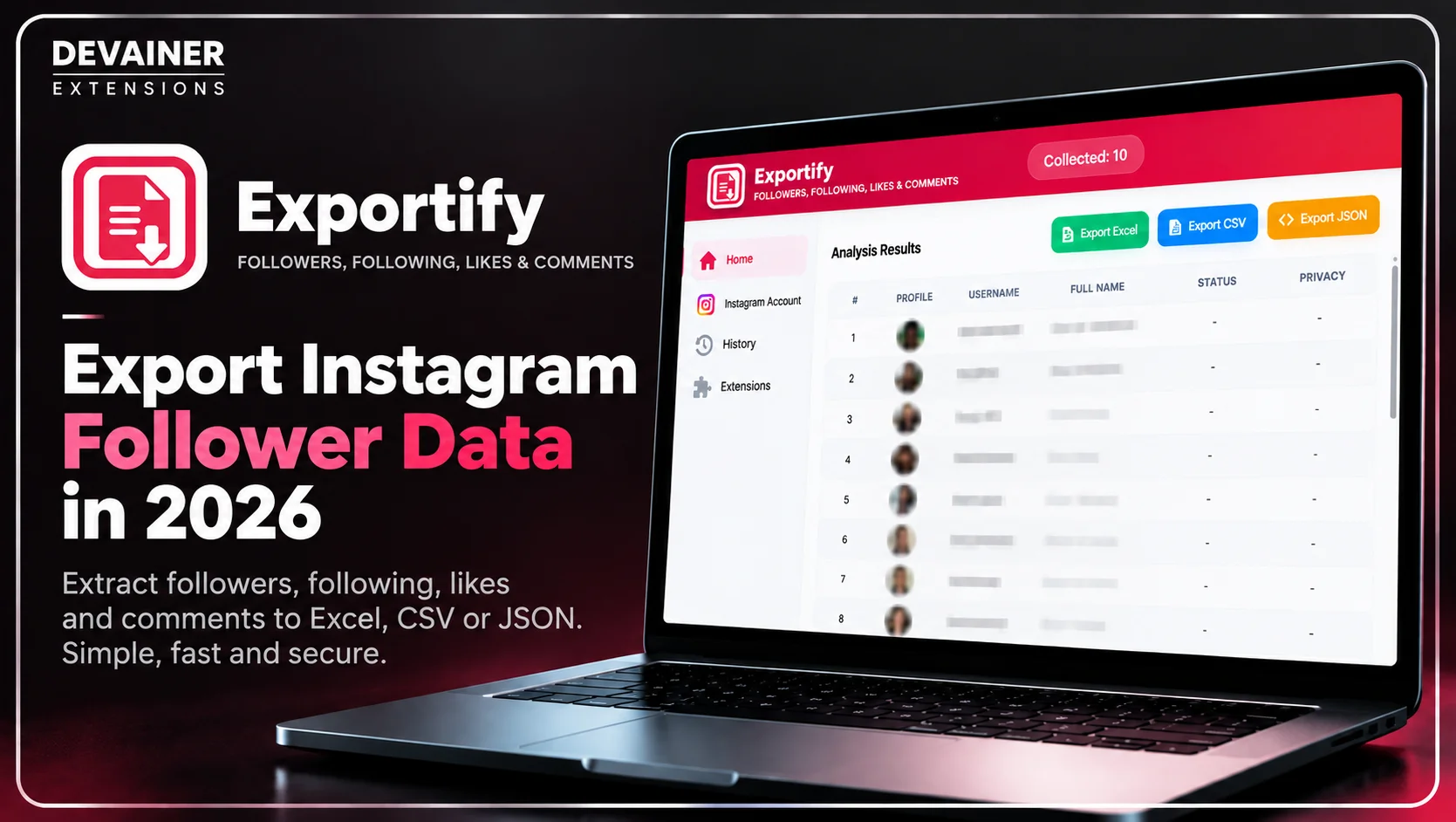 How to export Instagram follower data in 2026 using Exportify, featuring follower analytics, Excel, CSV, and JSON exports for B2B lead generation.