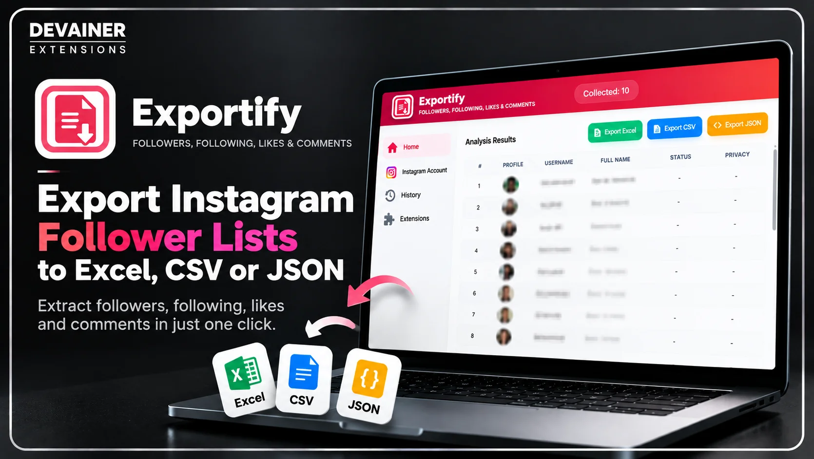 Exportify for Instagram browser extension showing follower data analysis and export options for Excel, CSV, and JSON.