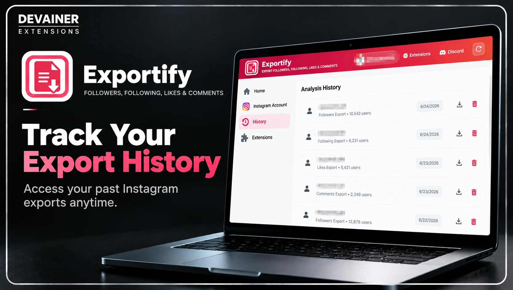 Exportify for Instagram extension showing the analysis history dashboard for tracking previous Instagram follower, following, likes, and comments exports.