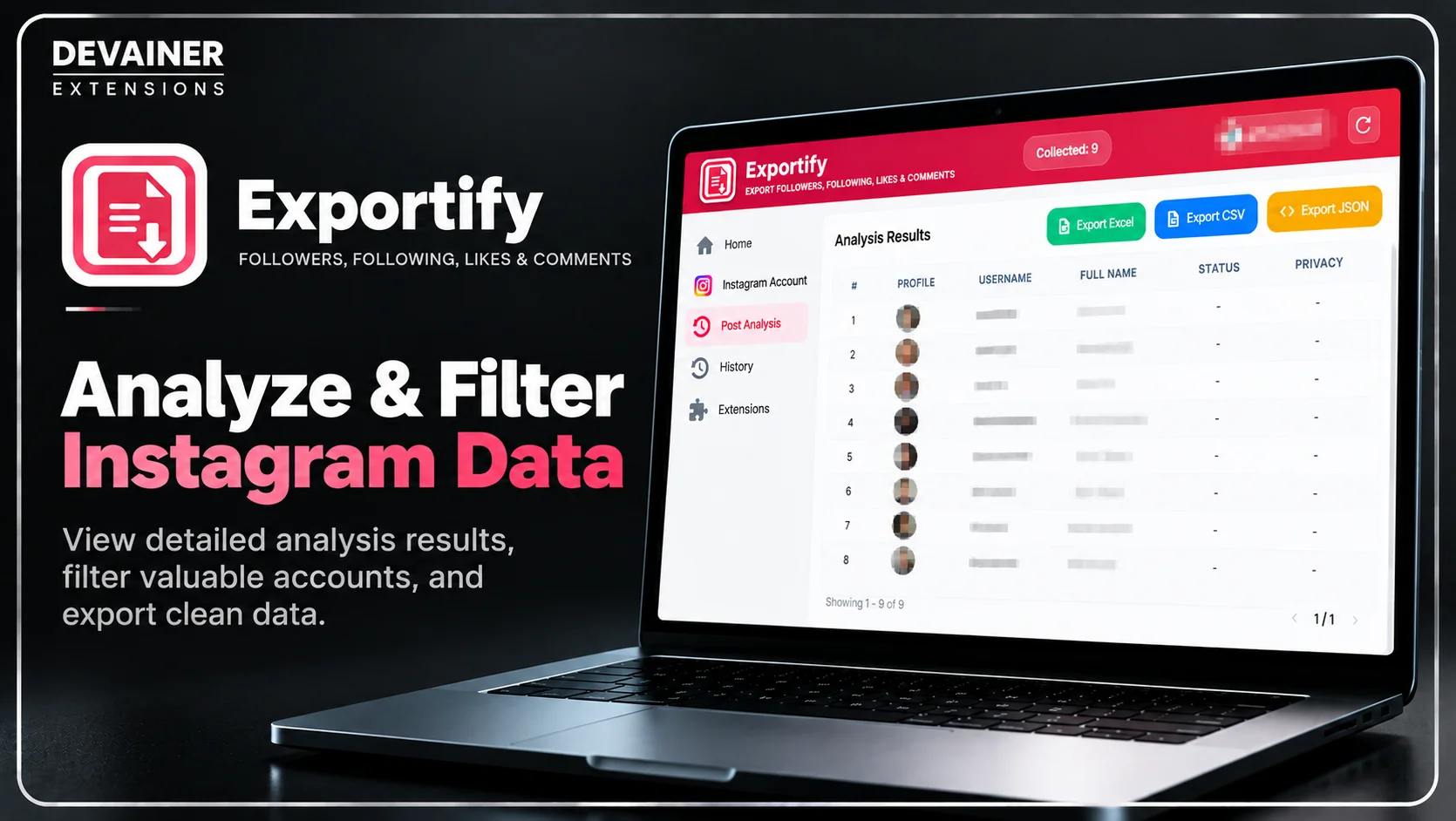 Exportify for Instagram extension showing the Post Analysis dashboard for analyzing Instagram engagement data, reviewing user profiles, and exporting results to Excel, CSV, or JSON.