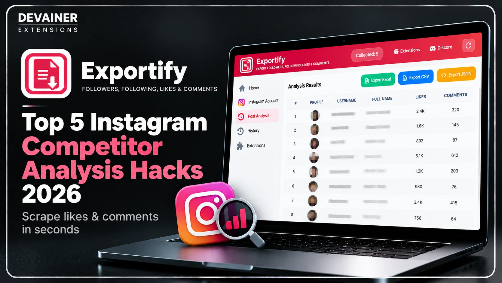 Top 5 Instagram Competitor Analysis Hacks 2026 featuring Exportify for Instagram, with a dashboard for analyzing competitor likes, comments, and engagement data.