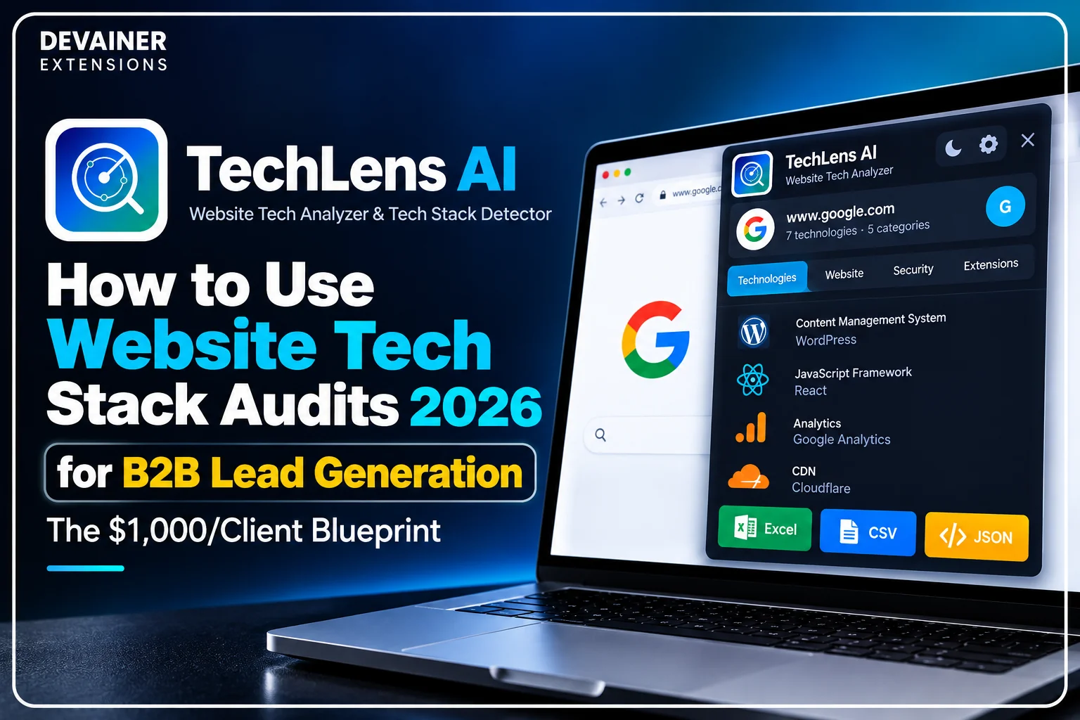 TechLens AI website tech stack audit tool for B2B lead generation in 2026, showing technology detection, security analysis, and data export features.