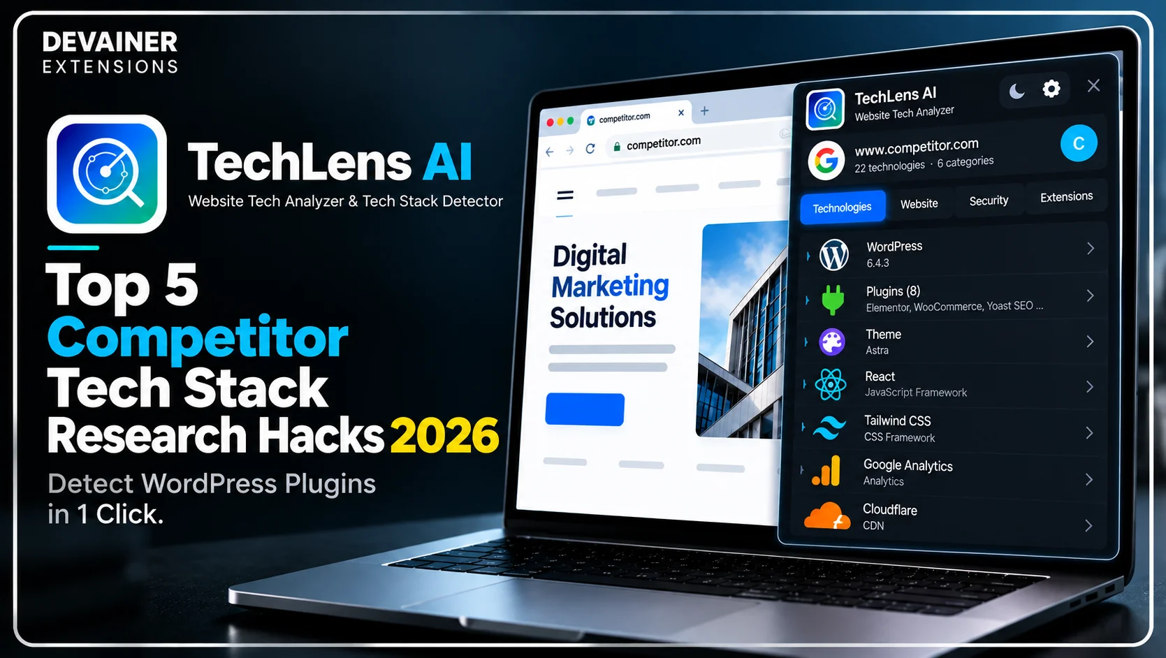 TechLens AI competitor tech stack research guide for 2026, showing one-click WordPress plugin and theme detection, frameworks, analytics tools, and website technologies.