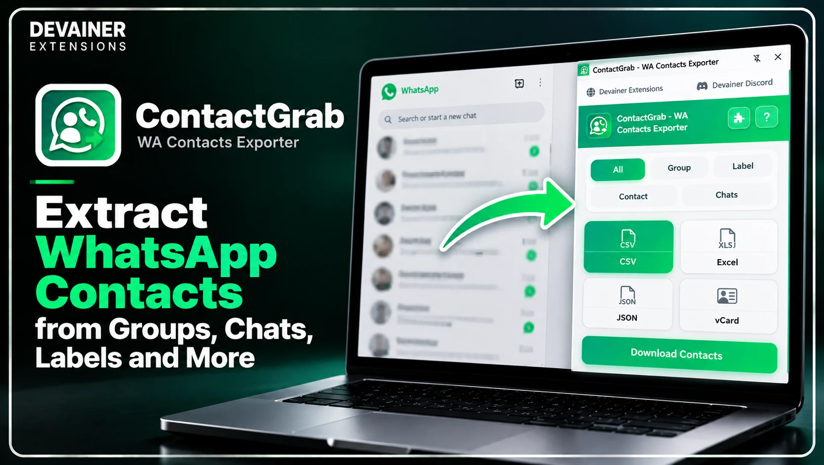 ContactGrab WA Contacts Exporter showing how to extract WhatsApp contacts from groups, chats, labels, and saved contacts into CSV, Excel, JSON, and vCard files.