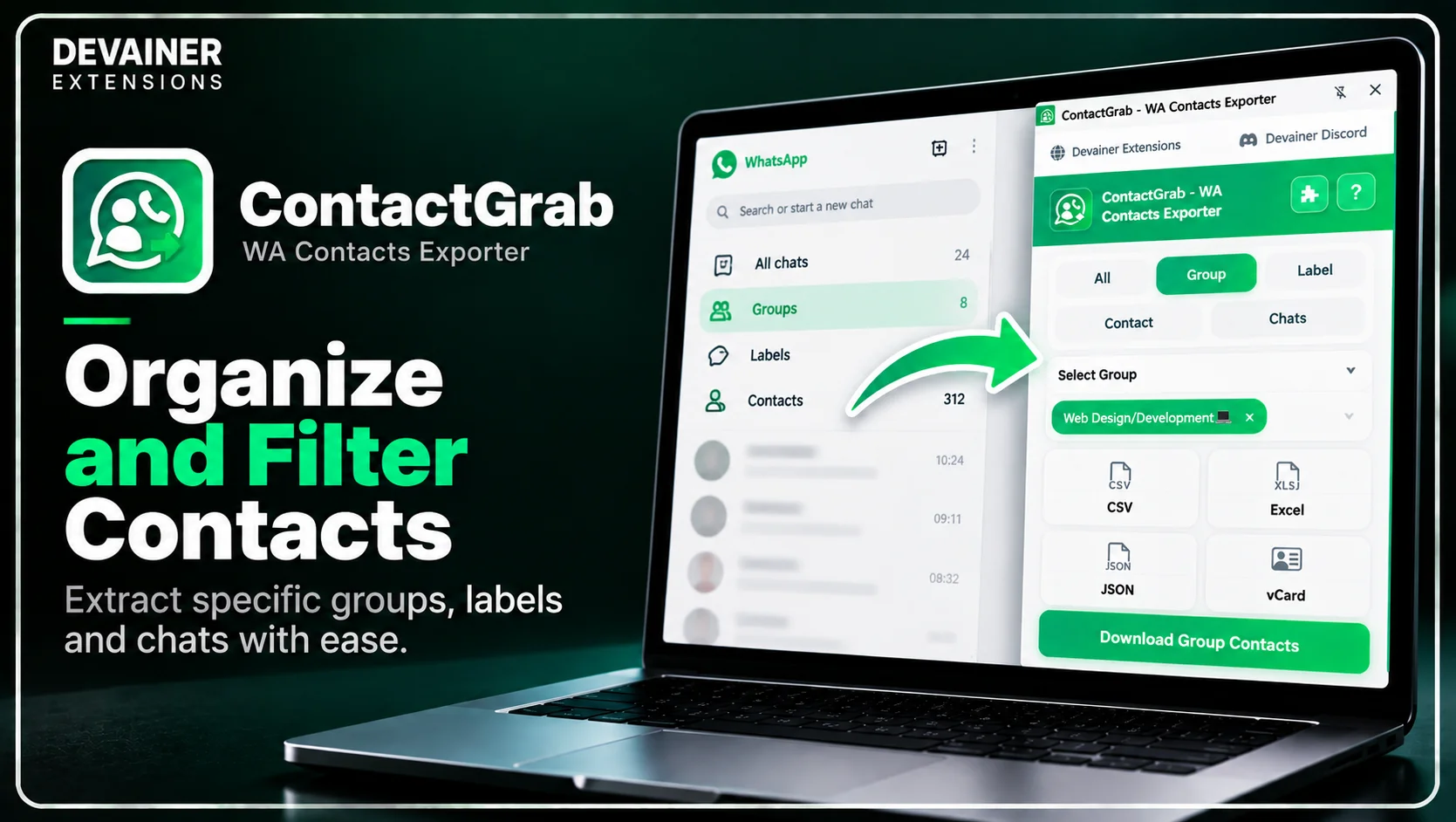 ContactGrab WA Contacts Exporter showing how to select specific WhatsApp groups, filter contacts, and export group members to CSV, Excel, JSON, or vCard files.