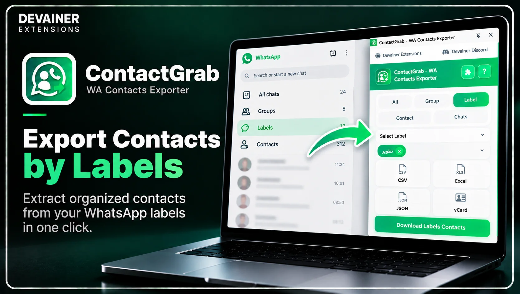 ContactGrab WA Contacts Exporter showing how to extract WhatsApp contacts from selected labels and export them to CSV, Excel, JSON, or vCard.
