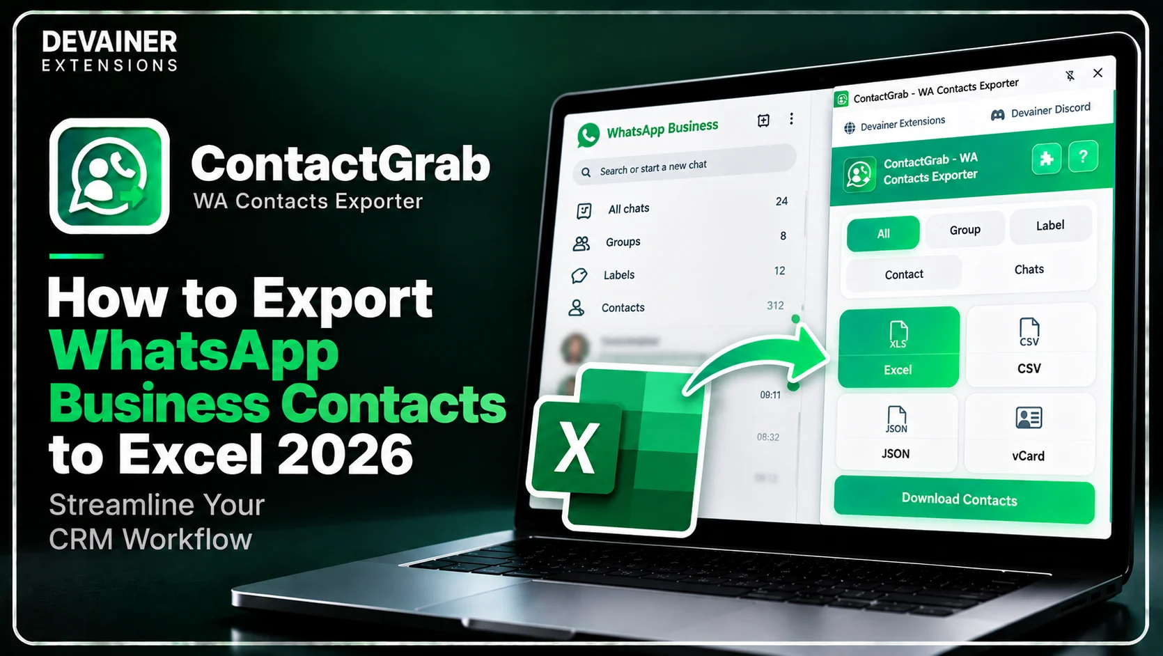 How to export WhatsApp Business contacts to Excel in 2026 using ContactGrab WA Contacts Exporter, featuring one-click contact extraction and Excel, CSV, JSON, and vCard export options for CRM management.