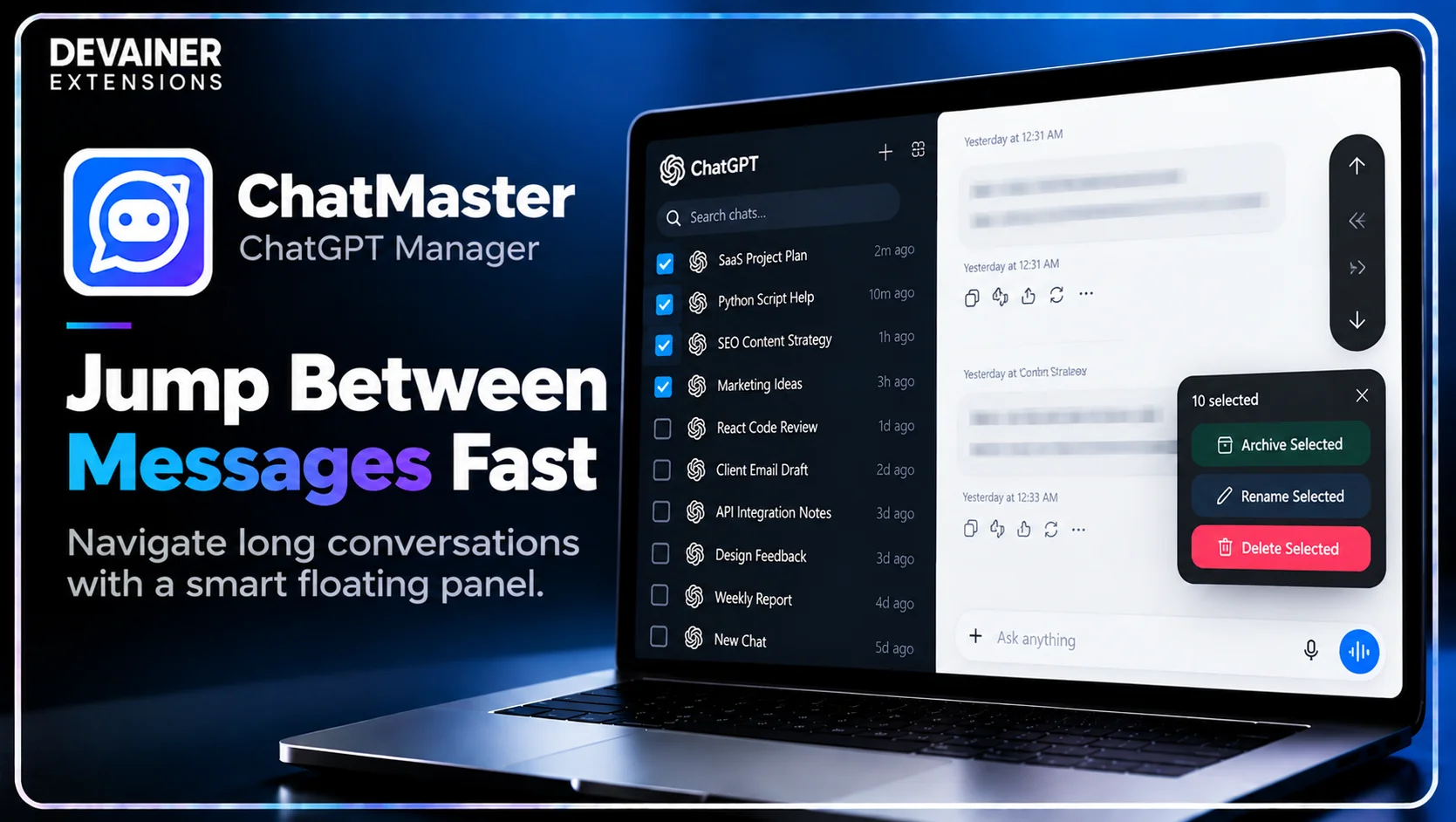 ChatMaster ChatGPT Manager showing the smart floating navigator for jumping between messages, scrolling to the top or bottom, and navigating long ChatGPT conversations.