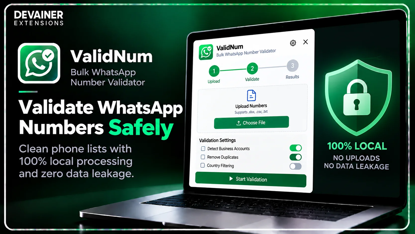 ValidNum Safe WhatsApp Number Validation 2026 – Secure local bulk phone number verification, contact list cleaning, and WhatsApp Business account detection without cloud uploads.