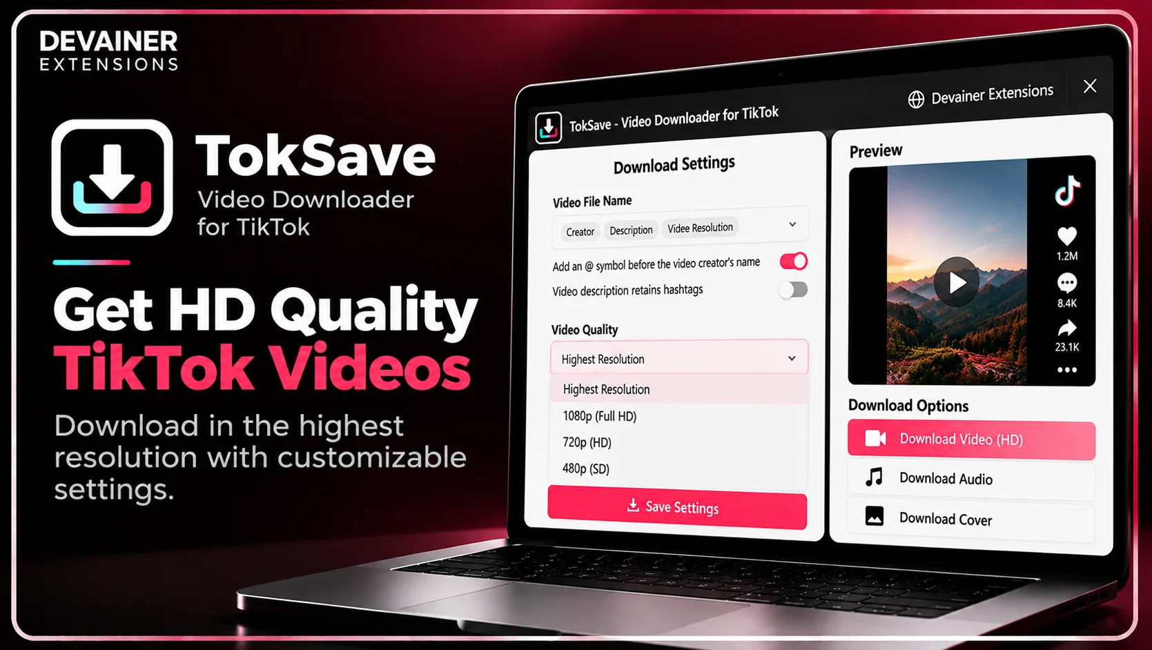 TokSave TikTok video downloader showing HD resolution settings and options to download videos, audio tracks, and cover images.