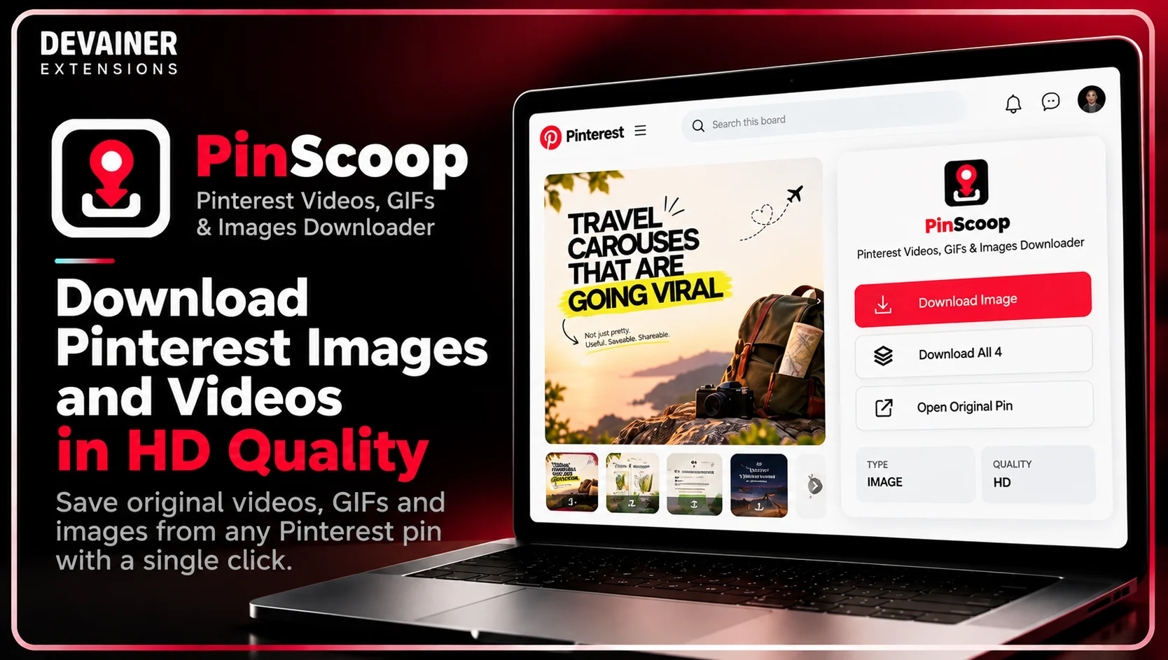 PinScoop Pinterest image and video downloader showing HD image downloads and multi-image extraction from a Pinterest pin inside a laptop mockup.