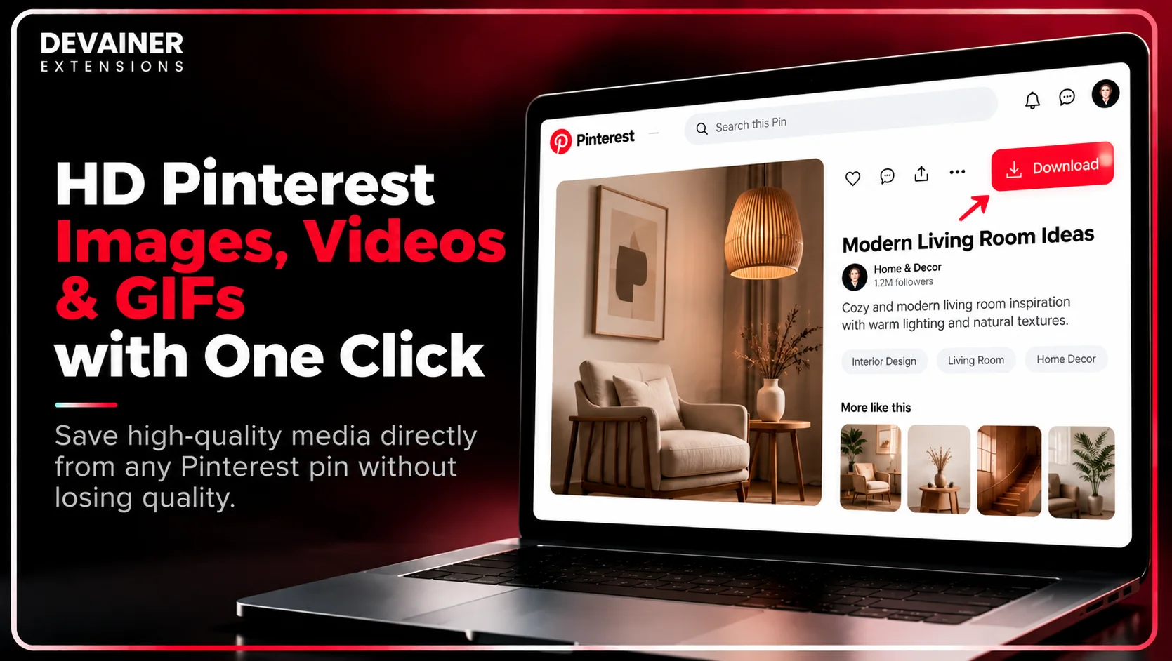 PinScoop Pinterest HD image downloader showing one-click downloads for high-quality brand identity mood board inspiration
نسخ