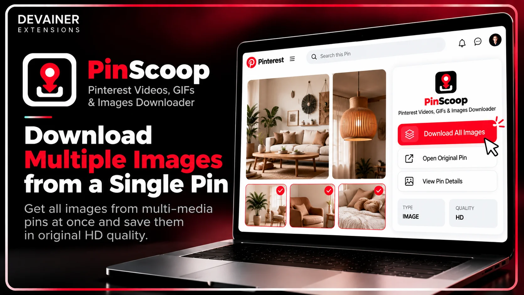 PinScoop multi-image Pinterest downloader showing how to save multiple HD images from a single Pin for brand identity mood boards
نسخ