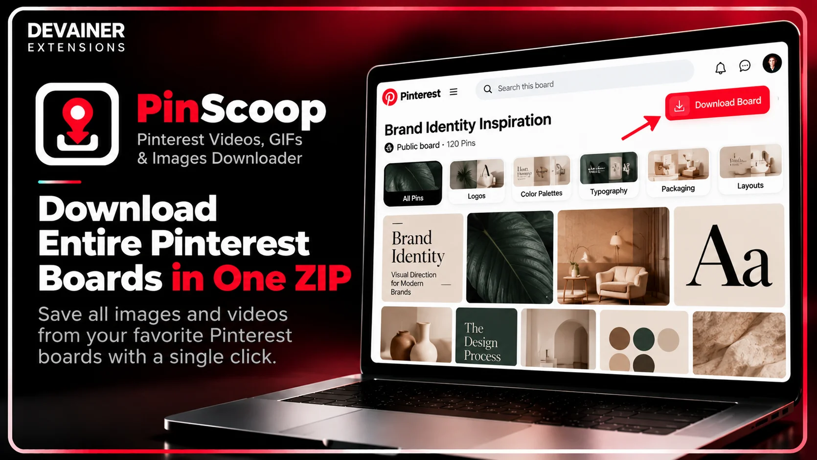 PinScoop Pinterest Board Downloader for collecting brand identity inspiration, color palettes, typography and mood board images in a ZIP file
نسخ